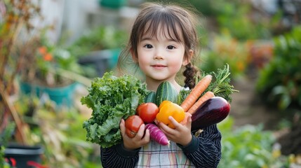 Portrait of child harvests carrots and various types of vegetables in the garden,cute smile japanese girl and boy with vegetables basket in farm,Selective focus,Nature farm,copy space.