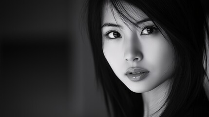 Fototapeta premium Close-up black and white portrait of an Asian woman, Elegant woman with soft gaze and natural beauty, Monochrome image focusing on facial features and expression