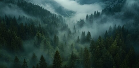 A misty forest landscape with tall trees, creating an ethereal and mysterious atmosphere.