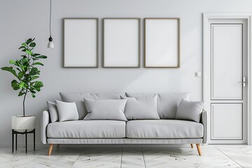 Grey settee near white cupboard in minimal living room interior with posters on the wall Real photo