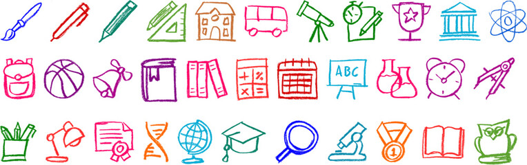 School Related Icons Crayon Chalk Drawing Vector Set