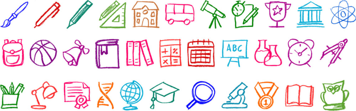 School Related Icons Crayon Chalk Drawing Vector Set