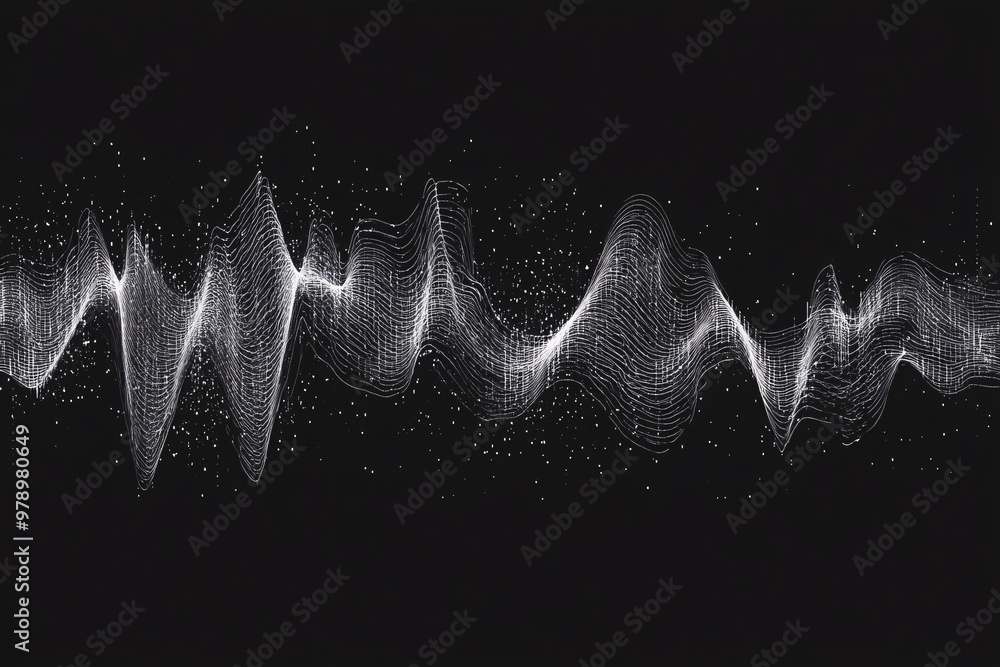 Poster abstract illustration of a white sound wave forms on a black background representing sound energy an