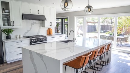 Modern Kitchen Island with White Cabinets and Marble Countertops