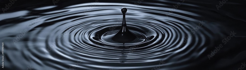 Poster a close-up view of a water droplet creating ripples in a dark surface, showcasing the beauty of natu