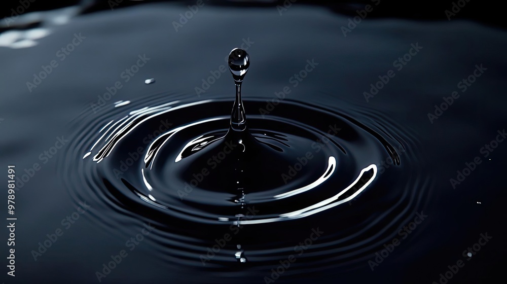 Poster a close-up of a water droplet creating ripples in a dark, reflective surface, showcasing the beauty 