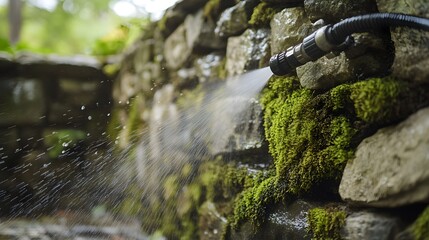 Obraz premium A pressure washer clearing dense moss from an ancient stone wall, water droplets flying, unveiling the original texture of the stone