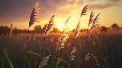 Naklejka premium Golden sunset light shining through a field of tall grass.