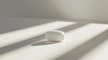 A minimalistic white object on a glossy surface, illuminated by natural light creating soft shadows and a serene atmosphere.