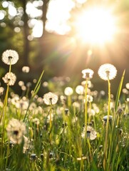 Sunlit Meadow with Dandelion Seeds