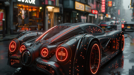Obraz premium Futuristic cyberpunk car with glowing neon lights in a rainy urban street at night\