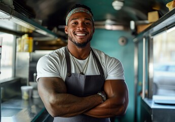 Obraz premium Young African man in an apron leaning on a food truck window, smiling with arms crossed Concept: street food vendor, chef in a food truck, small business entrepreneur, food service