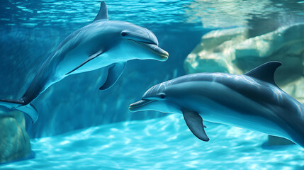 Obraz premium A pod of playful dolphins leaps joyfully through the crystal-clear, azure sea, their sleek bodies glistening in the sunlight