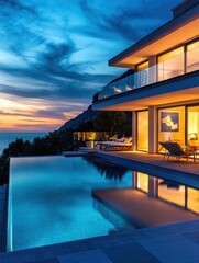 Fototapeta premium Modern Villa with Infinity Pool and Ocean View at Sunset