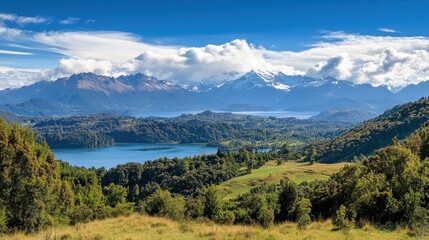 Naklejka premium Panoramic View of Mountains, Lake, and Forest in Patagonia