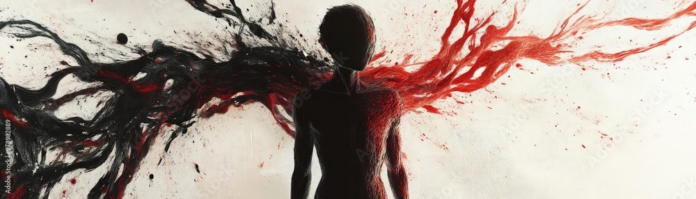 Poster A captivating silhouette with dynamic splashes of red and black, symbolizing emotion and creativity in a dramatic artistic expression.