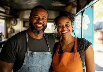 Two smiling African people, one man and one woman, wearing aprons in front of a food truck
Concept: team of food truck owners, family business, food service, customer service, teamwork