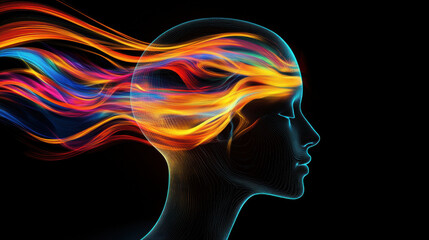 A vibrant abstract representation of head filled with colorful flowing hair, showcasing dynamic movement and energy. design evokes creativity and imagination