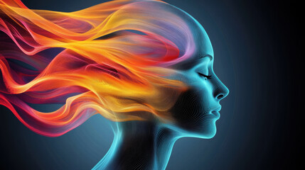 image features an abstract representation of head with flowing, colorful hair, symbolizing creativity and emotion. vibrant colors blend seamlessly, creating dynamic visual effect