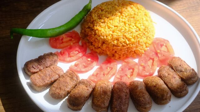 A balkan traditional meatball dish cevapi on wooden table in close-up	