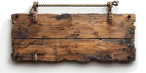 A wooden sign with rope hanging from it. The sign is old and worn, with a rustic feel. The rope hanging from it adds to the vintage and nostalgic atmosphere