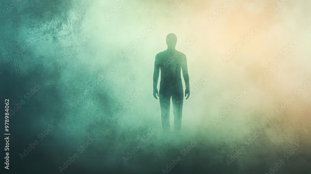 Aufkleber a solitary figure stands amidst ethereal fog, evoking mystery and introspection in a surreal atmosph
