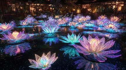 Illuminated Lotus Flowers in Pond at Night