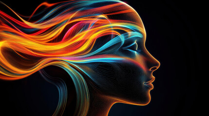 A vibrant abstract representation of head filled with colorful flowing lines, symbolizing creativity and energy. dynamic colors evoke sense of movement and emotion
