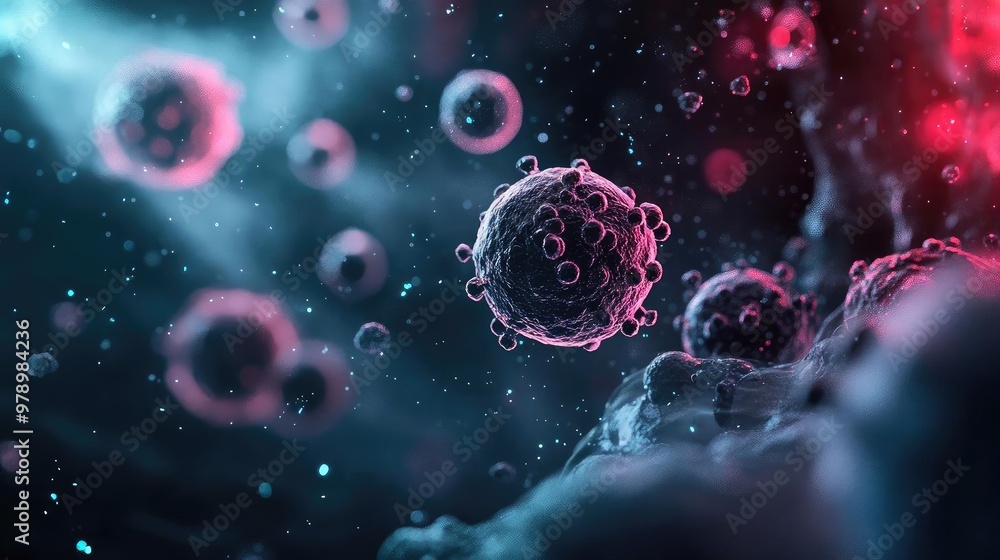 Poster A detailed representation of microscopic cells, showcasing intricate structures and vibrant colors against a dark backdrop.