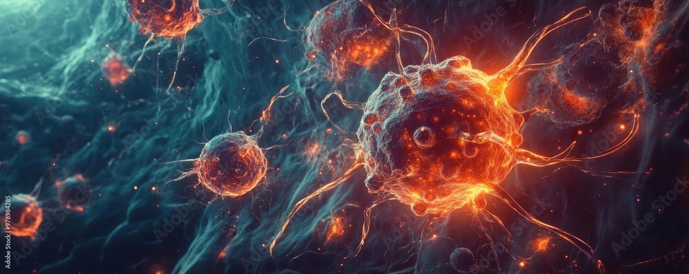 Poster Microscopic view of vibrant cells with glowing details, showcasing the intricate beauty of cellular structures in a digital format.