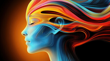 A vibrant abstract representation of head filled with colorful flowing lines, symbolizing creativity and emotion. dynamic colors evoke sense of energy and inspiration