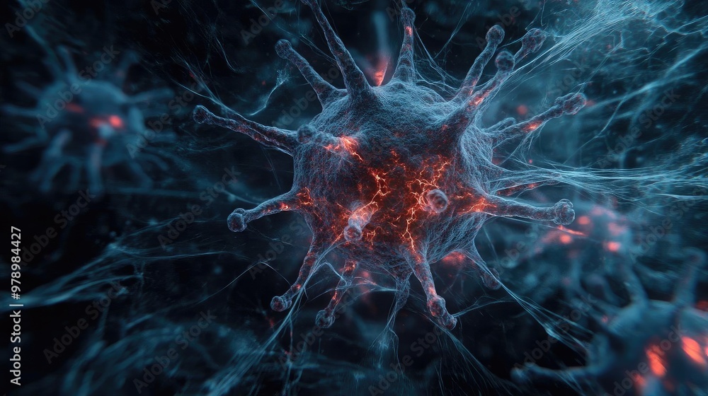 Poster Intricate visualization of a virus with vibrant details, showcasing its structure and biological complexity in a captivating way.