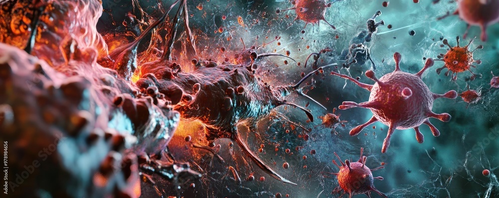 Poster Detailed visualization of microscopic life, showcasing vibrant colors and complex structures of viruses and bacteria in a dynamic environment.