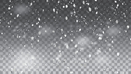 Abstract winter background vector from snowflakes blown by the wind. Falling snowflakes in transparent beauty, delicate and small, isolated on a clear background.
