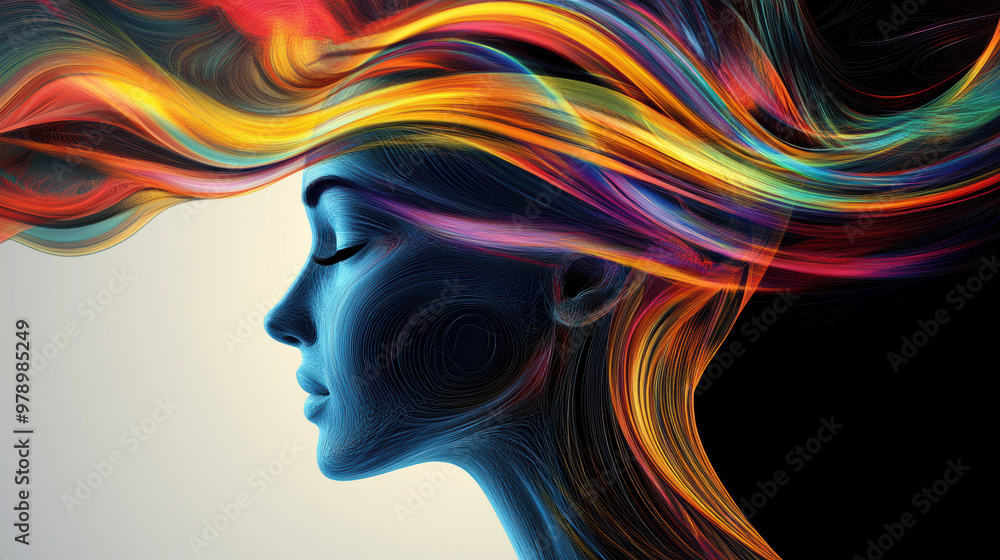 Poster a vibrant abstract representation of womans profile, featuring flowing colorful lines that symbolize