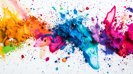 Fototapeta premium Abstract colorful paint splatters on a white background.