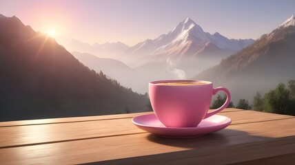 A pink coffee cup placed on a wooden table, with morning sunshine casting warm, golden light. In the background, a breathtaking mountain view is visible, shrouded in a soft mist.