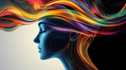 A vibrant abstract representation of womans profile, featuring flowing colorful lines that symbolize creativity and emotion. interplay of colors evokes sense of movement and energy