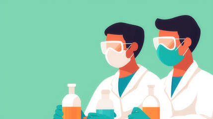 Factory team wearing protective masks and gloves, working with chemicals, flat design illustration