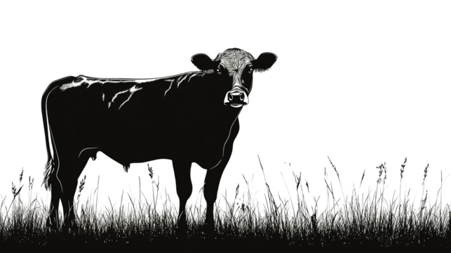 Silhouette of a cow, head raised, alert pose, vector, transparent background.