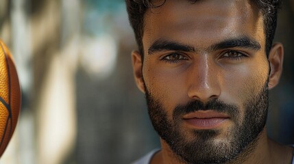 Fototapeta premium Close-up Portrait of a Handsome Man with a Basketball in the Background