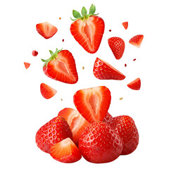 falling strawberry pieces. png isolated background. transparent background