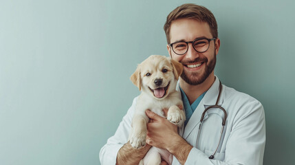 A veterinarian happily holding a puppy in their arms, isolated on a simple background