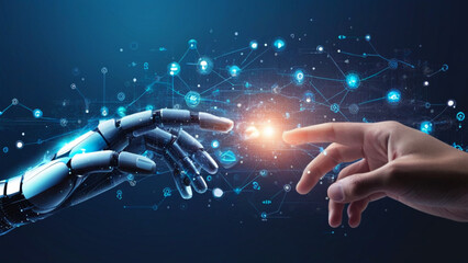 AI, Machine learning, Hands of robot and human touching on big data network connection background, Science and artificial intelligence technology, innovation and futuristic