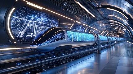 Futuristic Train in Tunnel with City Map Display