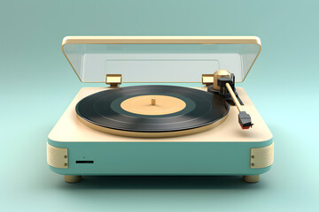 Fototapeta premium A 3D render features a vintage record player in pastel colors, showcasing intricate details. The vinyl disc rests on the turntable, set against a minimalist pastel background