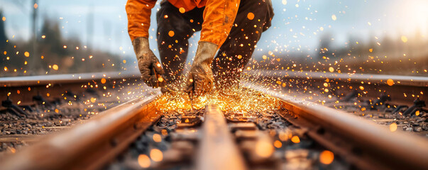 Sparks raining down as a laborer works on a railway track, symbolizing hard labor and skillful performance, railroad repair sparks, industrial skill