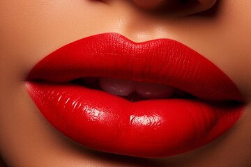 Obraz premium Close-up of vibrant red lips highlighting glossy texture and smooth skin