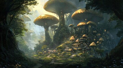 A mystical village nestled among giant mushrooms in a lush forest, illuminated by warm light.