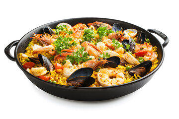 Aromatic seafood paella in dark pan isolated on white background
